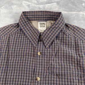 The North Face Shirt Mens Medium Navy Orange Plaid Zip Pocket Mesh Vented Hiking
